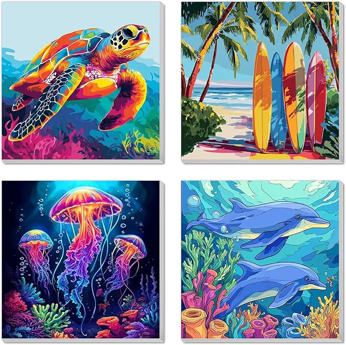 4 Pack Paint by Numbers Kit for Kids Easy Kid Paint by Number Kits Ages 8-12 Beach DIY Painting Kits for Kids Age 4-8 Beginner Paint by Number Canvas with Frame Children Color by Numbers Kit 8x8 Inch