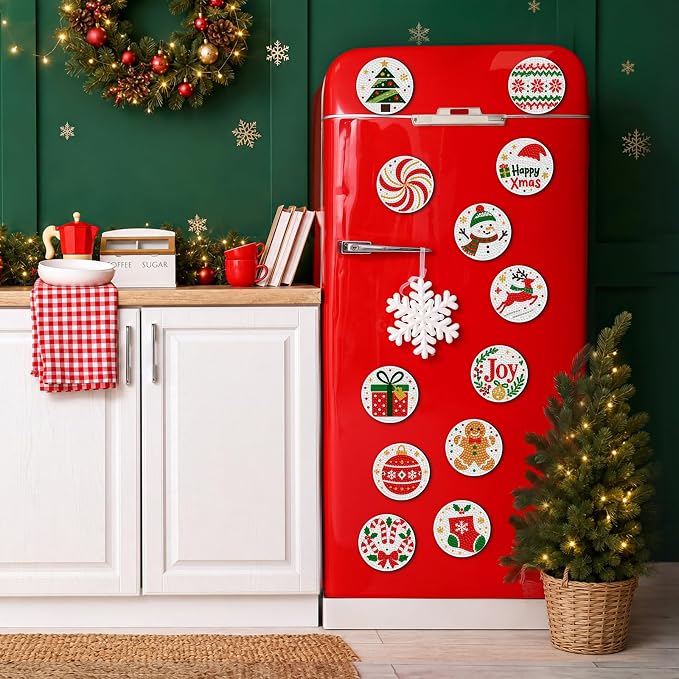 Zonon 12 Pcs Christmas Diamond Art Magnets Kit, Joyful Xmas | Holiday Diamond Painting Magnetic Stickers,Joy Snowman Reindeer Gingerbread,Red Green Diamond Fridge Magnets for Xmas Decor