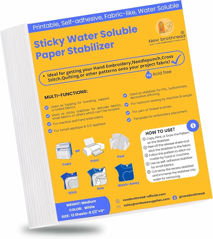 New brothread 12PCS 8.5"x11" Sticky Water Soluble Embroidery Stabilizer | Printable Paper Stabilizer, Medium Weight, Allowed for Print or Draw Patterns, Best for Hand & Machine Embroidery