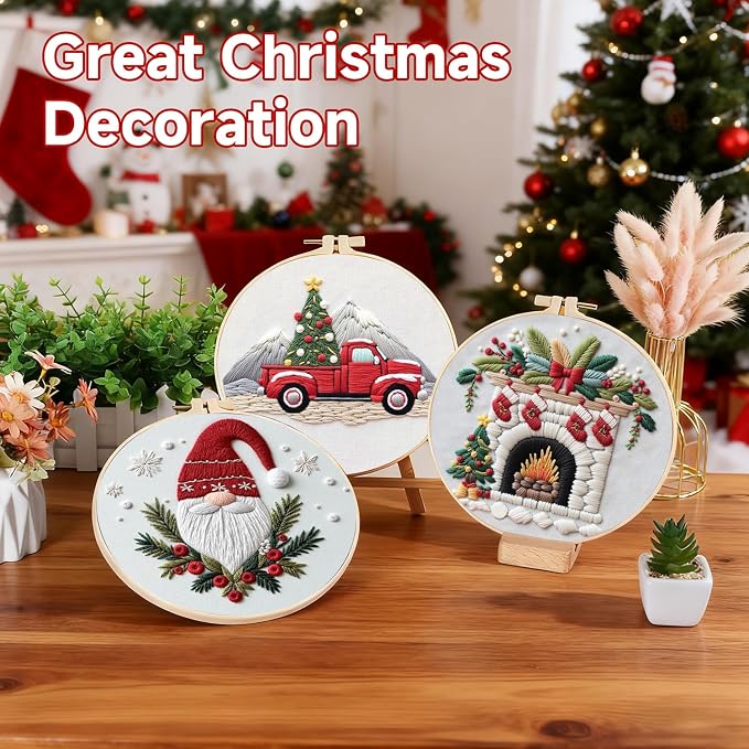 BBLYBD Christmas Embroidery Kit, 4 Set Embroidery DIY Starter Kit, Cross Stitch Kits with Pre-Printed Embroidery Fabric, Hoops, Step-by-Step Instructions, Color Threads & Needles (Christmas-4 Set)