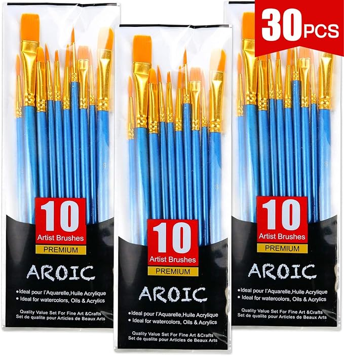AROIC Paint Brush Set, 3 Pack 30 Pcs Acrylic Paint Brushes | Artist Paint brushes for Oil Watercolor Acrylic Face Rock Painting