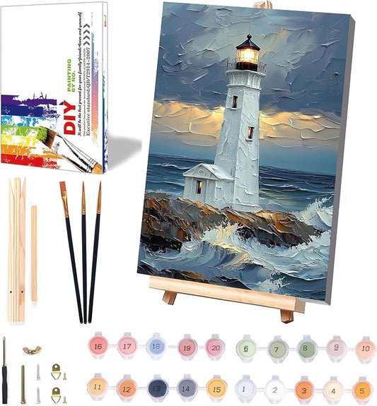 xackcme Lighthouse Paint by Numbers for Adults with Framed Canvas 8x12 inch | Landscape Paint by Number for Beginners, DIY Acrylic Oil Painting on Canvas with Wooden Easel Brushes for Home Wall Decor