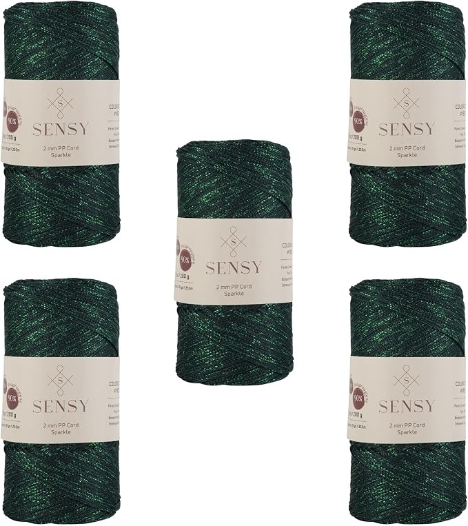 S Sensy 2mm -Premium Polypropylene Macrame Cord 5 Pack Forest Green Sparkle
