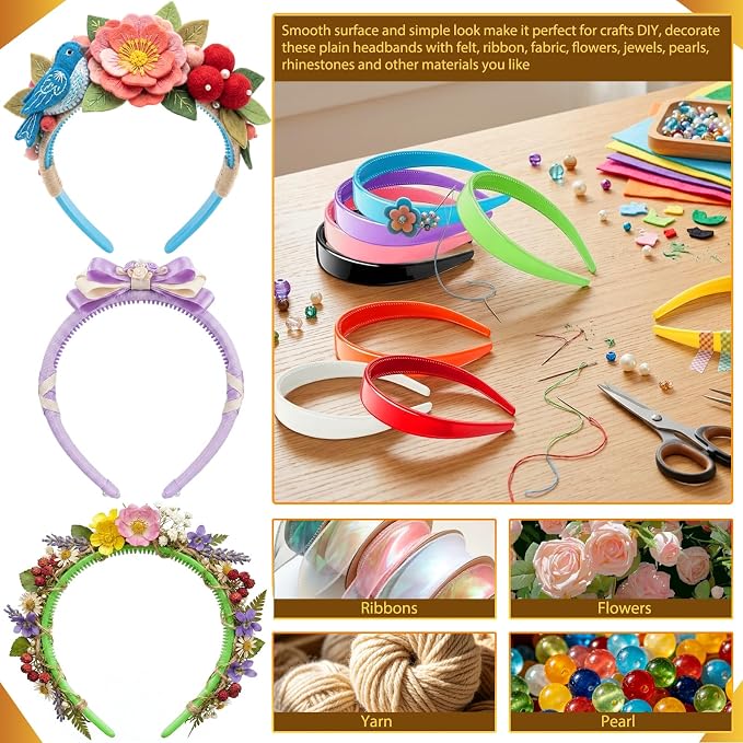 VOKOY 24 PCS Plastic Headbands, 1 Inch Wide No Teeth Hair Bands for Girls & Women, Blank DIY Plain Headbands for Crafts, Multicolor