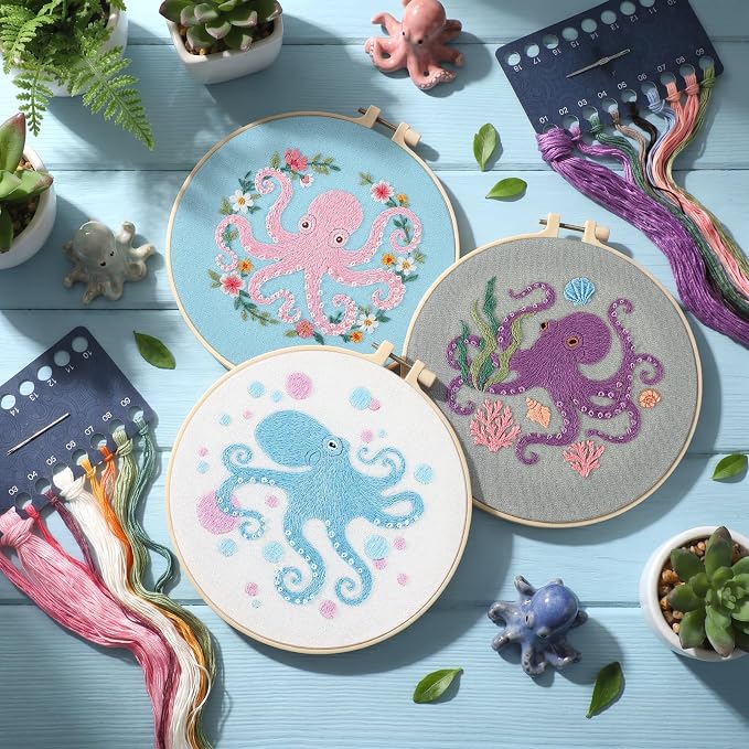 Mindsoft 3 Set Needlepoint Kit for Beginners with Hoop,Octopus | Bamboo Hoop Thread Needles Instructions, Easy Hand Embroidery for Beginners Home Crafts,Pre-stamped Funny Cute Designs