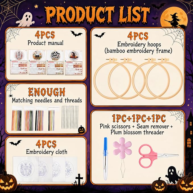 4 Set Halloween Embroidery Kit, DIY Hand Embroidery Kit for Beginners