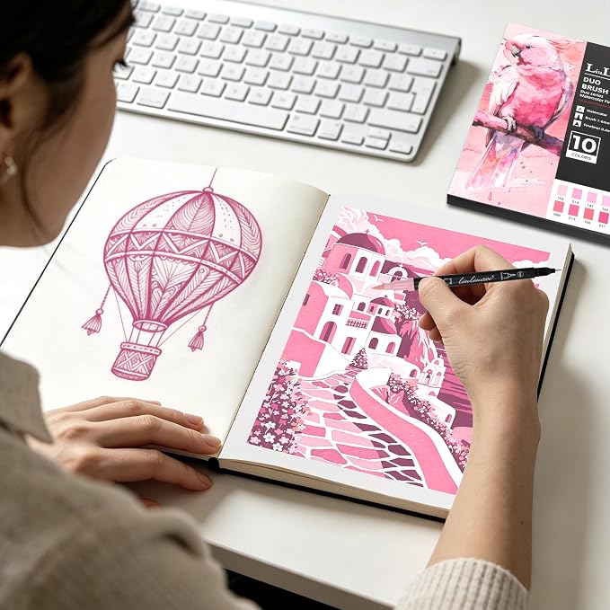 LIULIUCAI 10 Pink Dual Markers, Fine & Brush Tip Pen for Adult Coloring