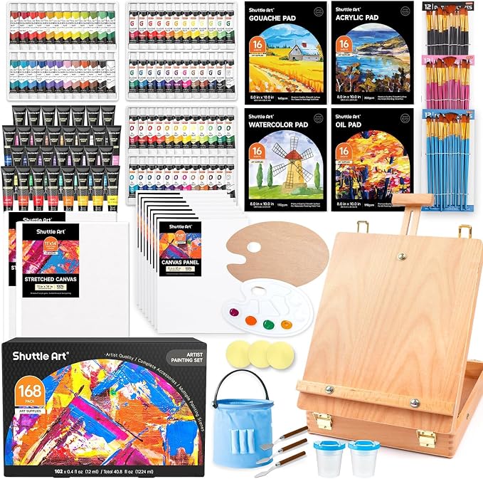 Shuttle Art 168 Pcs Artist Painting Kit, Deluxe Art Kit with Paint, Wooden Easel, Canvases, Paper Pads, Brushes and Other Art Supplies for Adults, Kids and Artists