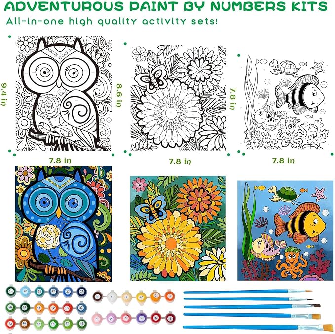 3 Pack Paint by Numbers for Kids Ages 8-12, Pre-Printed Acrylic Oil Painting, Includes (8x10, 8x9, 8x8 inch) Framed Canvas with 30 Acrylic Paint Pots, 5 Brushes for Kids, Art Supplies for Kids 9-12