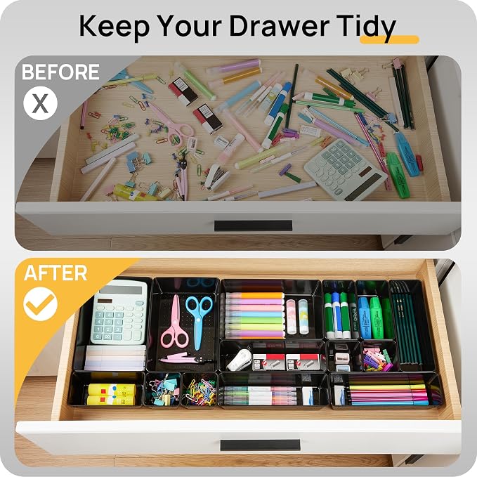 Vtopmart 25 Pack Plastic Drawer Organizers with Non-slip Rubber Pads | 4-Size Versatile Makeup Organizer, Storage Containers Small Bins for Makeup, Jewelries, Bedroom, Kitchen Utensils and Office