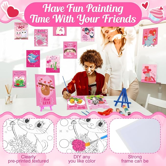 Blosssound 24 Pack Valentine's Day Pre Drawn Canvas to Paint Pre Printed Canvas Painting Kits Bulk with Easel Paint Pots Brushes for Adult Sip Party Beginner Birthday DIY