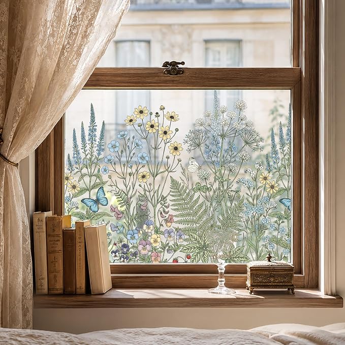 ADD.HERES Window Privacy Film,Colorful Floral Window Stickers,Removable DIY Bouquet Static Clings, Decals for Home School Office Party Supplies, Wildwood Whisper, 17.5" x 78.7"