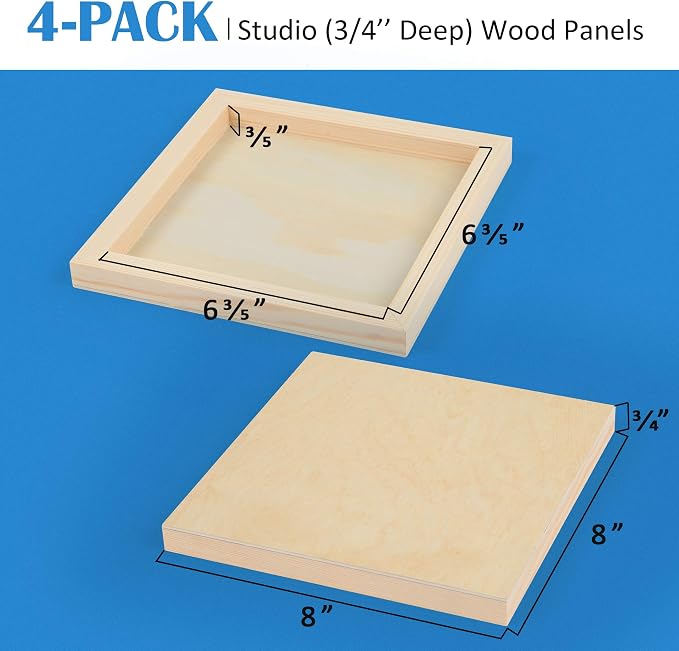 Falling in Art 4 Pack 8x8’’ Unfinished Birch Wood Panels Kit for Painting | Studio 3/4’’ Deep Wooden Canvas, Cradle Boards for Acrylic Pouring, Art, Crafts, Epoxy Resin, Laser Engraving Cutting