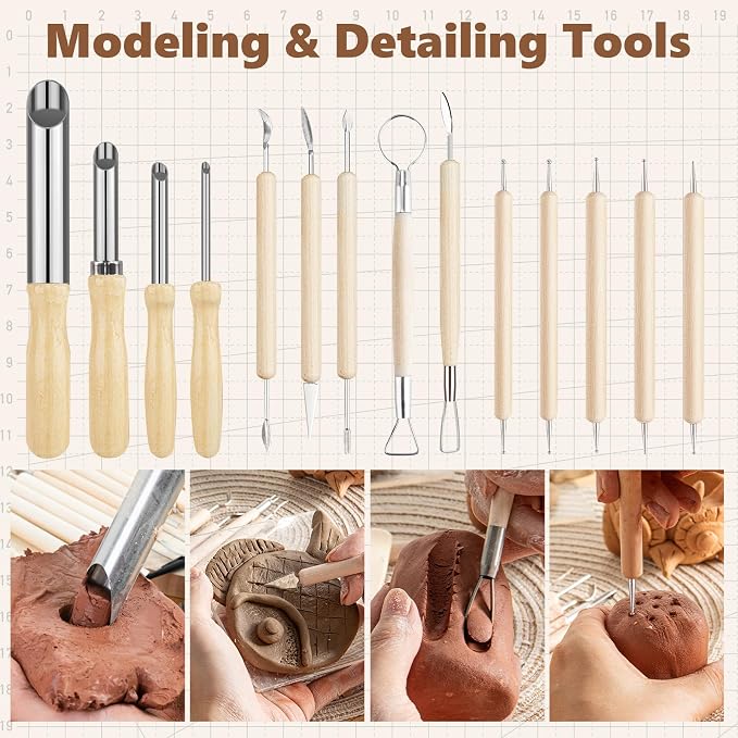 UUSYCUN 52PCS Pottery Tools for Sculpting, Ceramics Clay Tools for Pottery Kiln, Pottery Wheel, Trimming, Carving, Modeling, Beginners, Polymer Clay, Air Dry Clay, Pros, Adults, Crafting Supplies