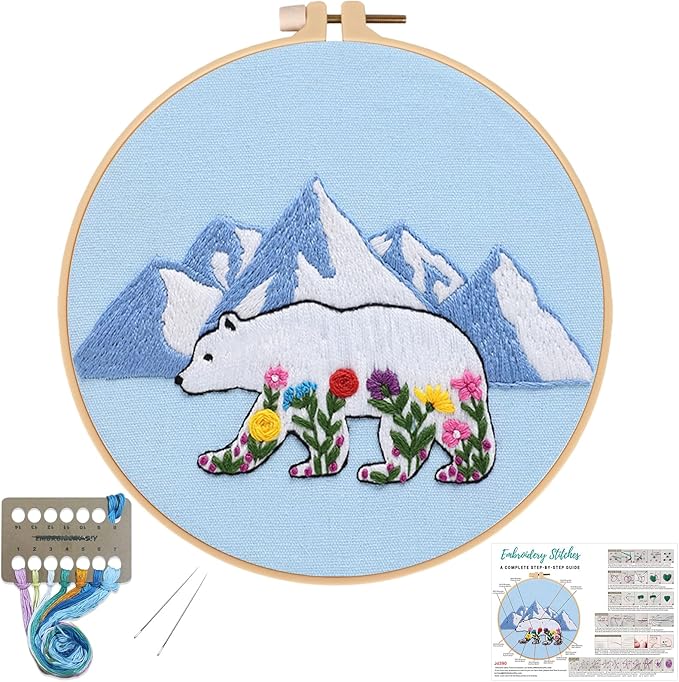 Louise Maelys Glacial Polar Bear and Flowers Embroidery Kit DIY Craft | Pre-Printed Fabric, Hoop, Threads, Needles & Guide for DIY Needlepoint Kit and Cross Stitch Starter Kit for Adults