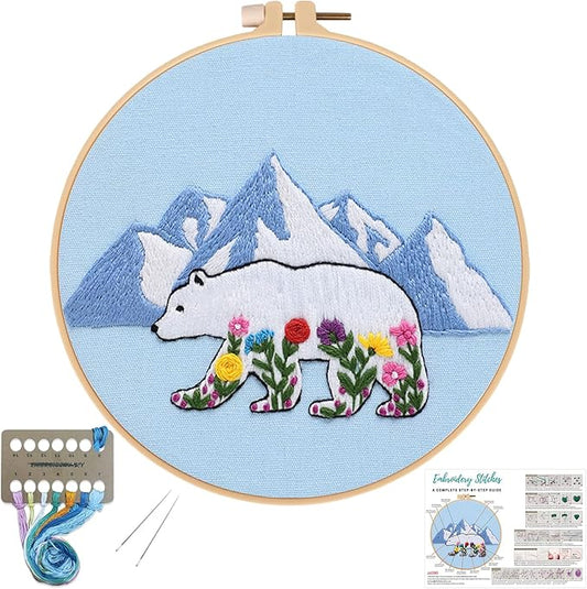 Louise Maelys Glacial Polar Bear and Flowers Embroidery Kit DIY Craft | Pre-Printed Fabric, Hoop, Threads, Needles & Guide for DIY Needlepoint Kit and Cross Stitch Starter Kit for Adults