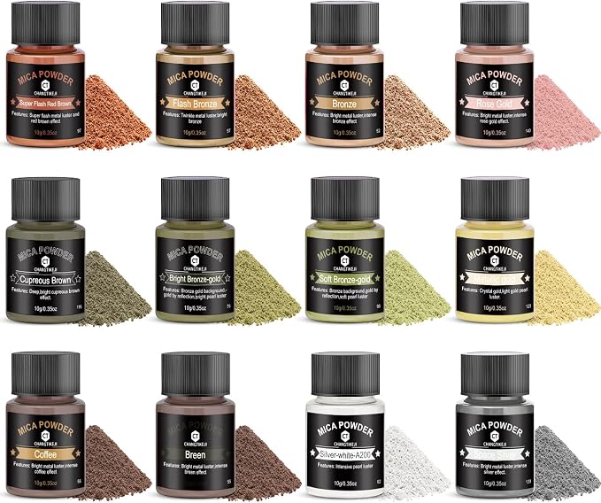 Mica Powder 12 Colors Pearlescent Pigment - for Resin Epoxy, Soap Making, Nail Polish, Lip Gloss, Eye Shadow, Bath Bomb, Slime & Candle - 10g Each Bottle(Mica Iron Metal Hues)