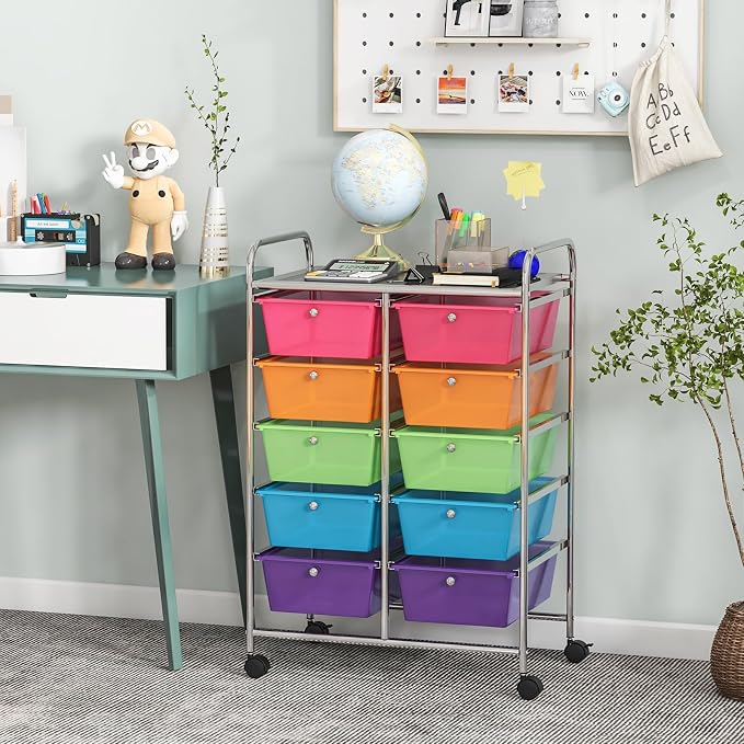 Giantex 10 Drawers Rolling Cart, Classroom Organizers, Storage Cart with Wheels, for Teacher Office Home School Supplies Tool Craft Art Paper