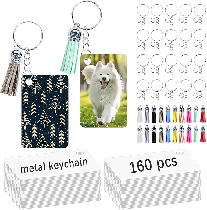 GEKIXUTP 160 Pcs metal Sublimation Keychain Blanks Bulk,Double Sided Sublimation Blanks Keychain Heat Transfer Keychain Blanks with Tassels,Sublimation Ornament Blanks key chain