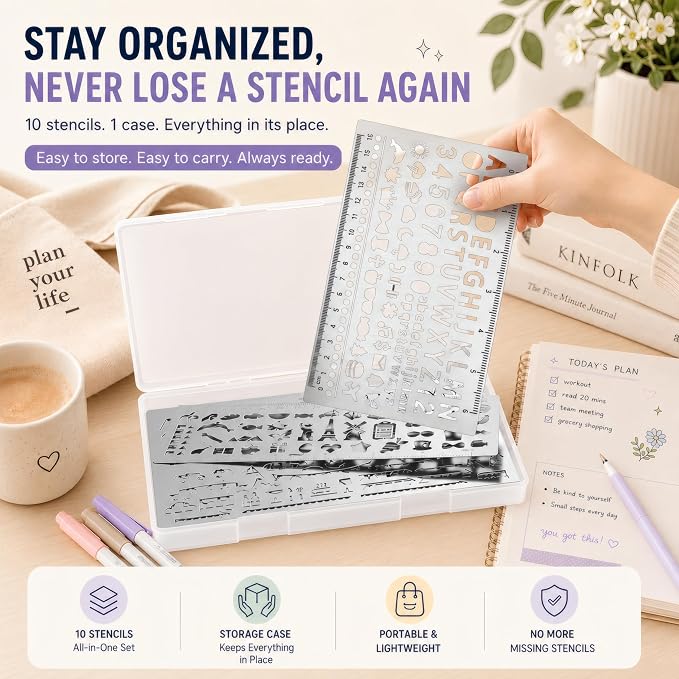 10Pcs Metal Planning Stencils, Bullet Journal Stencil, Ruler Stencil for Journaling with Case – Bullet Journal Weekly/Monthly Planning, Daily Task Tracker, Drawing Straight Lines