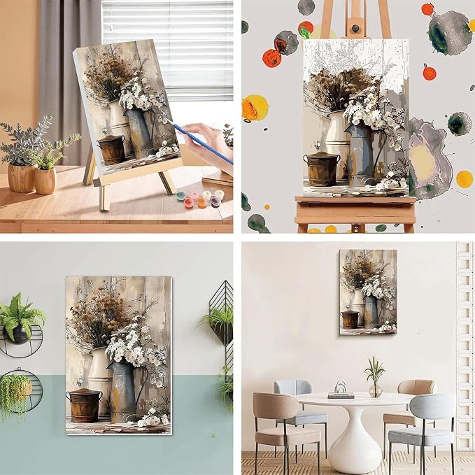 Vintage Flower Paint by Numbers for Adults with Framed Canvas 8x12 inch | Rustic Flowers Paint by Number on Canvas, DIY Acrylic Oil Painting Kits with Wooden Easel Brushes for Home Wall Decor