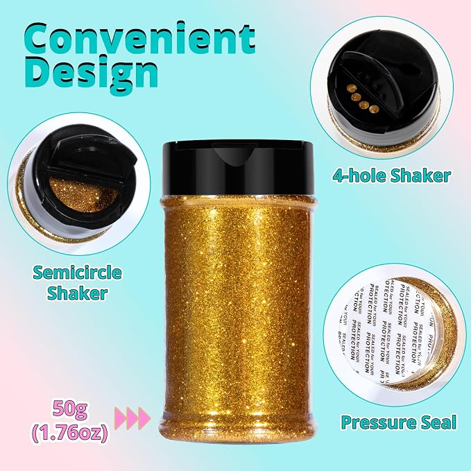 HTVRONT Gold Glitter for Crafts and Arts- 1.7oz/50g Fine Glitter Dust | Craft Glitter for Resin, Jewelry, Keychains, Candle Making, Paint, Slime Add Ins, Cosmetic Glitter for Nail Face