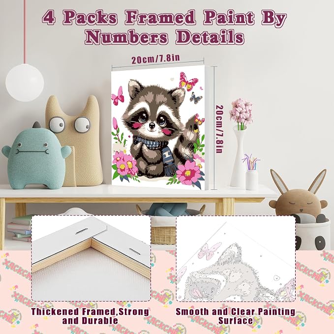 4 Pack Animal Paint by Number for Kids with Wooden Frame - Wooden Easel | Paint by Numbers for Kids Ages 4-8-12, Easy Owl Fox Hedgehog Raccoon DIY Oil Painting Kits for Home Wall Decor (8X8 inch)