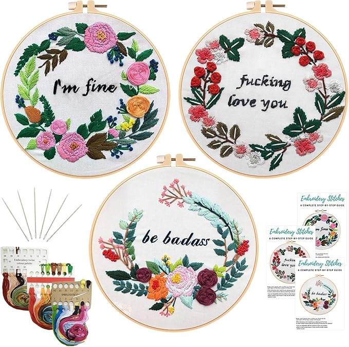 Nuberlic 3 Pack Funny Embroidery Kit for Beginners Adults