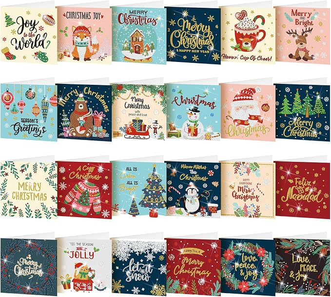 Saillong 24 Pack Christmas Diamond Painting Greeting Cards with Envelopes