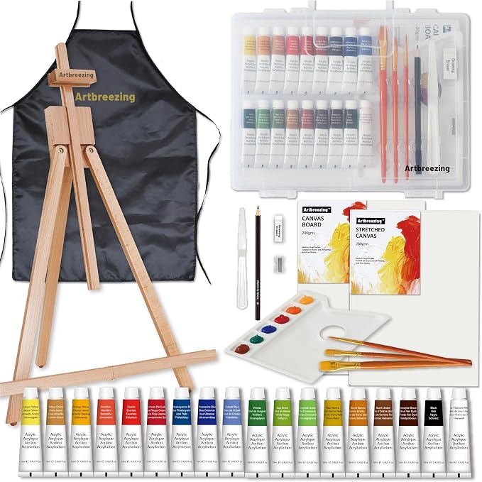 Artbreezing Acrylic Painting Kit with Art Easel,All-in-One Art Supplies | 31PC Painting Supplies with Canvas,Tabletop Easel for Painting,Brushes etc.Ideal Giftable Holiday Set for Kids and Adults.