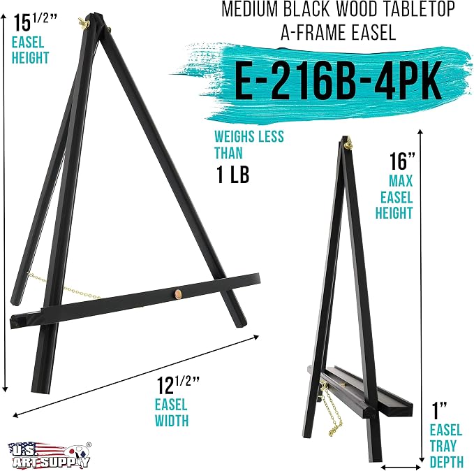 U.S. Art Supply 16" Black Wood Tabletop Easel (4 Pack) - Adjustable