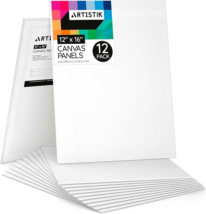 Artistik 16"x12" Paint Canvas Panels (Pack of 12) – 100% Medium-Grade Cotton Blank Canvas Painting Boards – Whit Canvases for Painting with Oil, Acrylic & Mixed Media