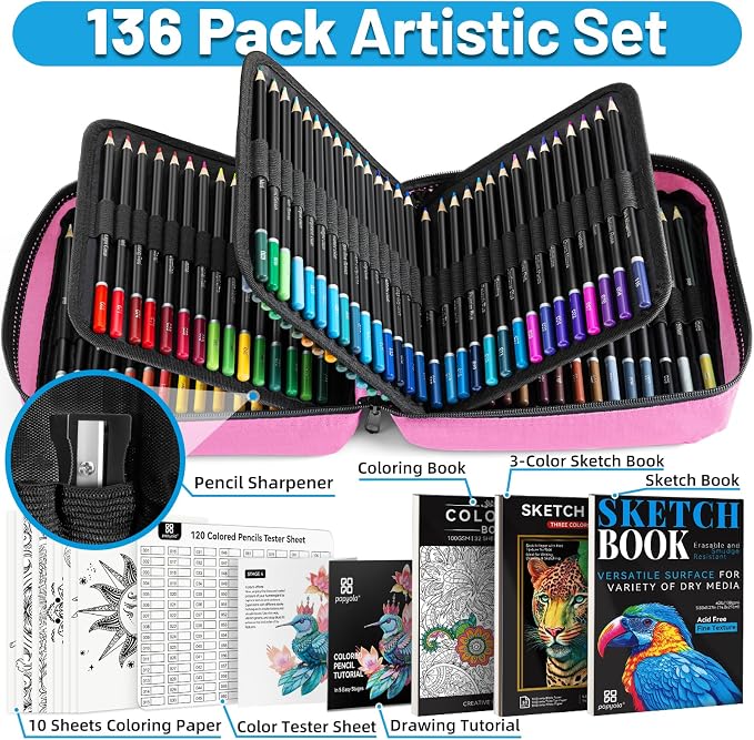 136 PCS Colored Pencils Set for Adult Coloring Books, 120 Colored Pencils | with Sketchbook, Coloring Book, Sharpener, Tutorial, Color Chart, Soft Core Oil-Based, Ideal for Drawing Blending Shading