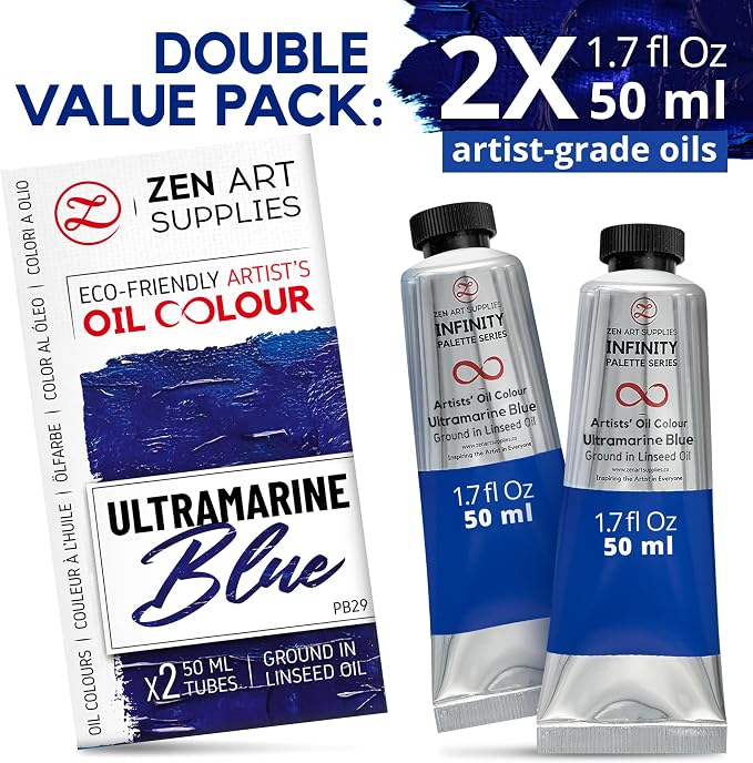ZenART Professional Oil Paint Set - Artist Grade Ultramarine Blue - 2x50ml | Non-Toxic, Buttery Consistency, Rich Pigment, Lightfast Oil Paints for Primed Surface Canvas, Fine Art, Portraits & Landscape