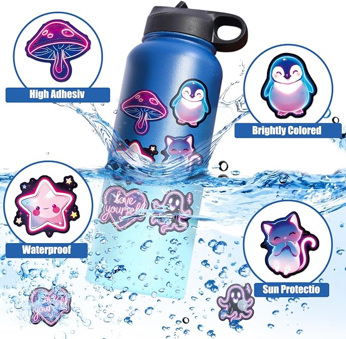 Water Bottle Stickers 200 Pcs Cute Cool Neon Sticker Packs, Classroom Rewards Prizes for Kids, Waterproof Vinyl Stickers for Water Bottles Laptop Scrapbooking Skateboard Journal Guitar Suitcase etc