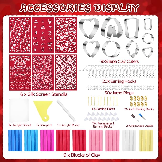Rumia 114Pcs Polymer Clay Earring Making Kit: 6 Stencils, 9 Colors & Shapes, Tools & Accessories - Valentine's Day Gift