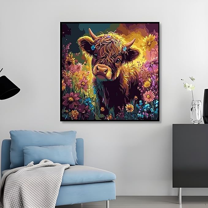 OJTOYART Highland Cattle Paint by Numbers Kit for Adults Beginners, Chrysanthemum Paint by Number Kits on Canvas, DIY Acrylic Oil Painting Kits for Home Wall Decor 16 x16 Inch