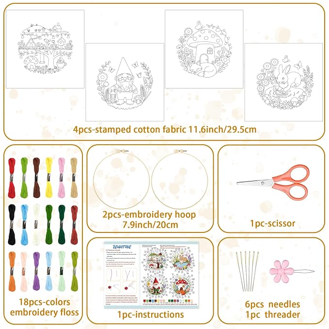 BEUNITONE 4 Set Embroidery Kit for Beginners, Fairy Tale Pattern Cross Stitch Kits, Needlepoint Kits for Adults with Instructions and Full Kit, Funny Hand Embroidery Patterns for Cloth and Home Decor