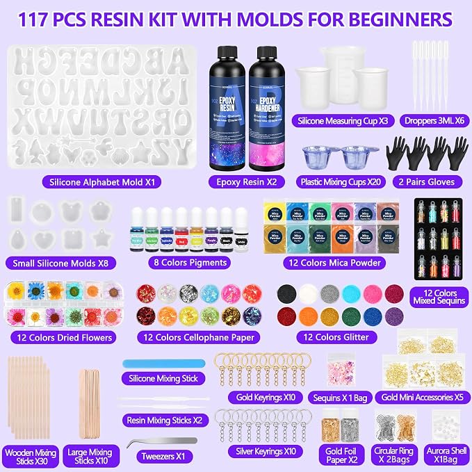 KISREL 18OZ Epoxy Resin Kit, Resin Kit with Alphabet Molds and Supplies | Epoxy Resin with Silicone Alphabet Molds and Jewelry Making kits for Keychains,Craft Decorations
