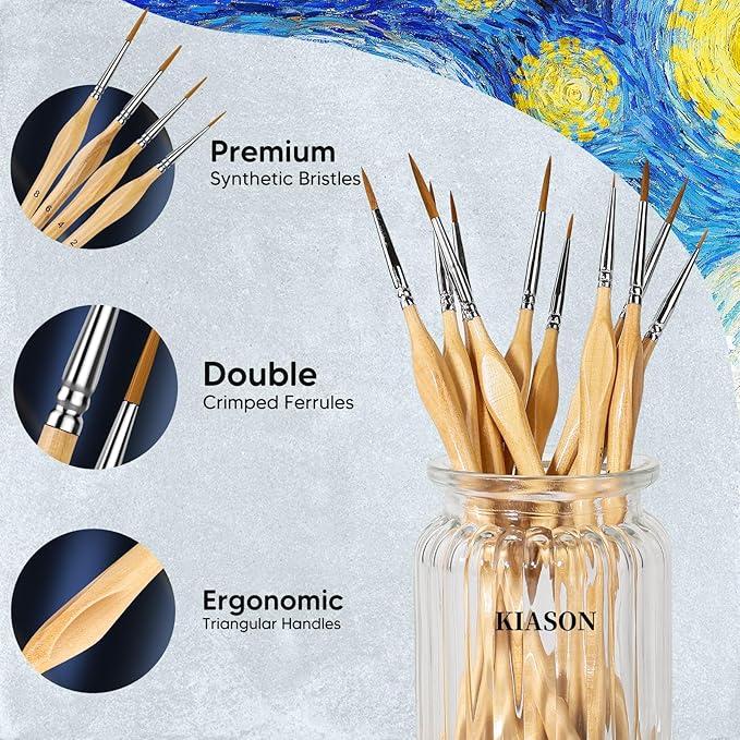 10Pcs Miniature Detail Paint Brush Set, Triangular Wooden Handles | Tiny tips for acrylic, oil, watercolor, models, 40K figurines, face & crafts. Great on canvas, rock & paint by number kits.