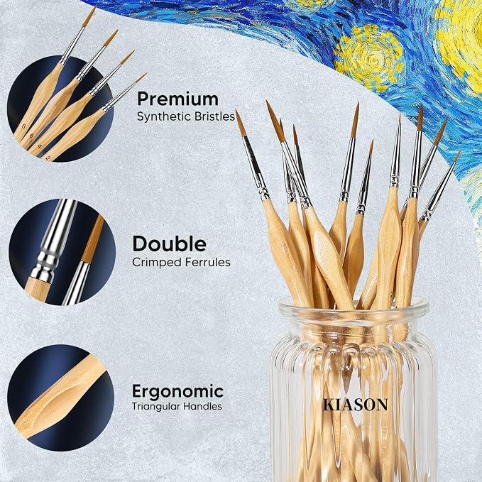 5PC Miniature Detail Paint Brushes Set for Fine Detailing, Wood | Tiny tips for acrylic, oil, watercolor, models, figurines, face paint & crafts. Great for paint-by-number, canvas & fine art.