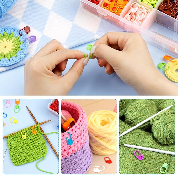 FIVEIZERO 900 Pieces Stitch Markers,with 15Pcs Large Eye Blunt Sewing Needles,Colorful Crochet Markers for Knitting Stitch Locking Clips Crochet Pins with Storage Box
