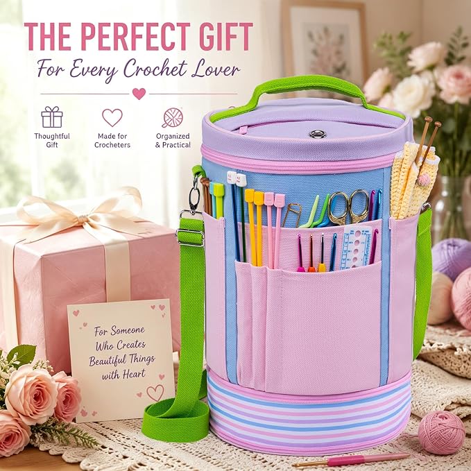 Canvas Yarn Storage Organizer with Removable Dividers, Crochet&Knitting Bag | Expandable canvas yarn organizer with removable dividers, yarn feed holes, project storage and multiple tool pockets