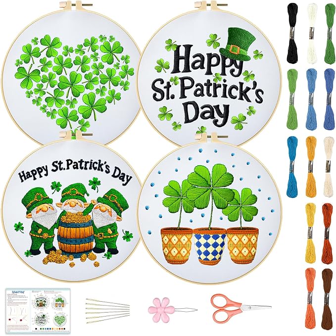 BEUNITONE 4 Set Lucky Clover Pattern Embroidery Kit for Adult Beginners | DIY Complete Needlepoint Kits for Adults, Cross Stitch Starter Kit with Hoops, Handmade Gifts for Fabric Home Decor 20x20cm