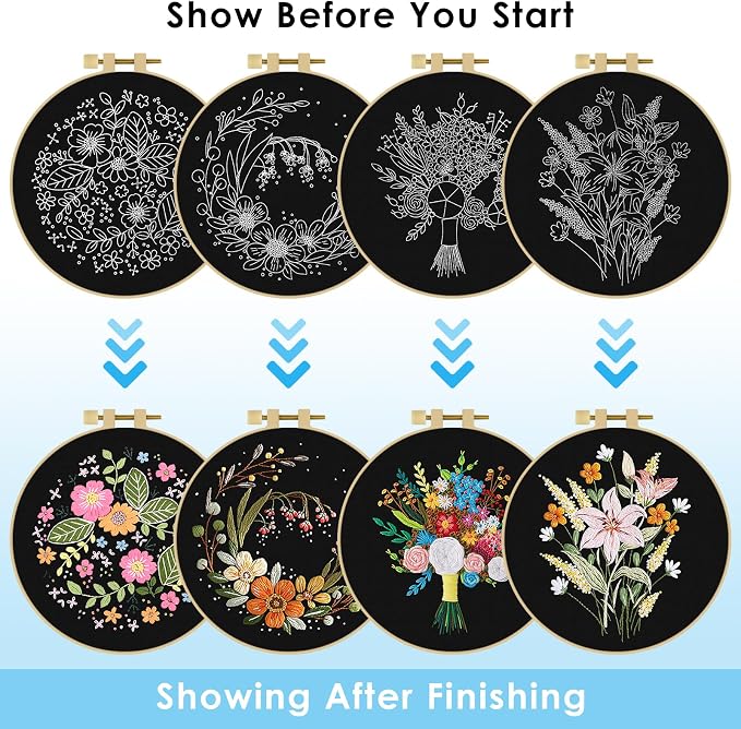 ERKOON 4 Sets Embroidery Kit, Floral Cross Stitch Set for Include Embroidery Cloth Hoops Threads for Craft Lover Hand Stitch(Floral)