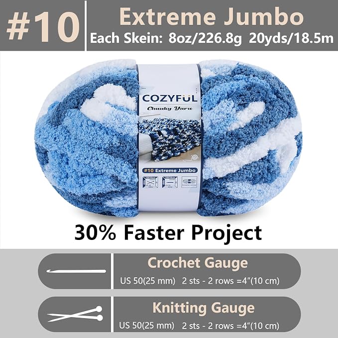 Cozyful Chunky Yarn for Hand Knitting - #10 Chunky Chenille Blanket Yarn, Jumbo Big Thick Chunky Yarns for Crocheting, Tie Dye Bulky Knit Yarns, 8 Skein (20 yds 8 oz Each Skein), Sky&Navy&Royal&White