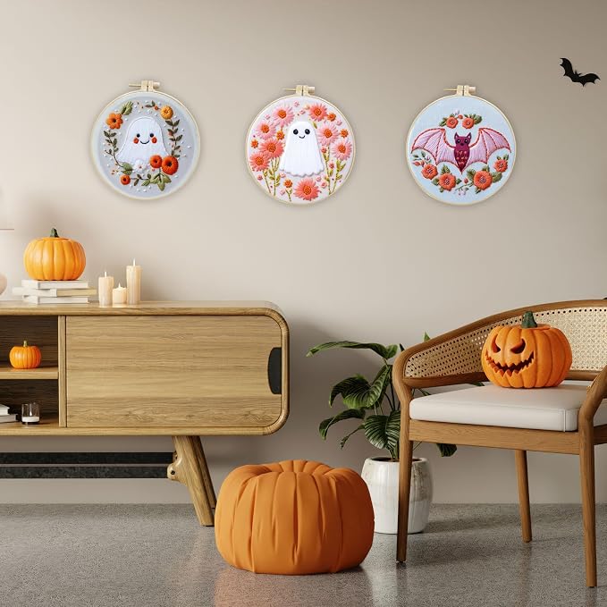 LB Pink Halloween Embroidery Kit for Beginners Adults, 3 Sets Hand Embroidery Starter Kit with Ghost Pattern and Instructions Stamped Cross Stitch Kits Include Embroidery Hoop Needles Threads Scissors