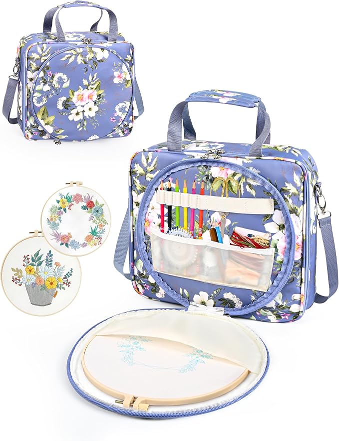 Telawsfun Embroidery Project Bag Organizer, Embroidery Supply Storage Bag with Removable Binder, Portable Carrying Tote for Thread Tools and Accessoriess, Bag Only (Flower)