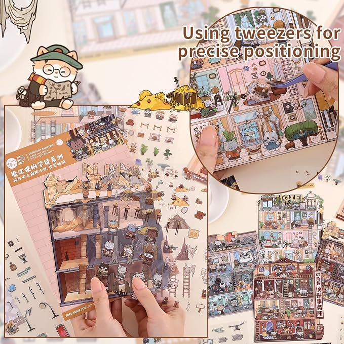 Girls 3D Miniature Scene Stickers, 4 Sets Magic Apprentice DIY House Stickers for Archaeological,Detective,Laboratory,Hotel,Cute 3D Cartoon Scene Stickers for Adult Kids Relief Stress Pass The Time