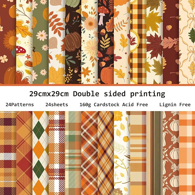 24 Sheets Fall Thanksgiving Scrapbook Paper Double-Sided, 11.4×11.4 Inch